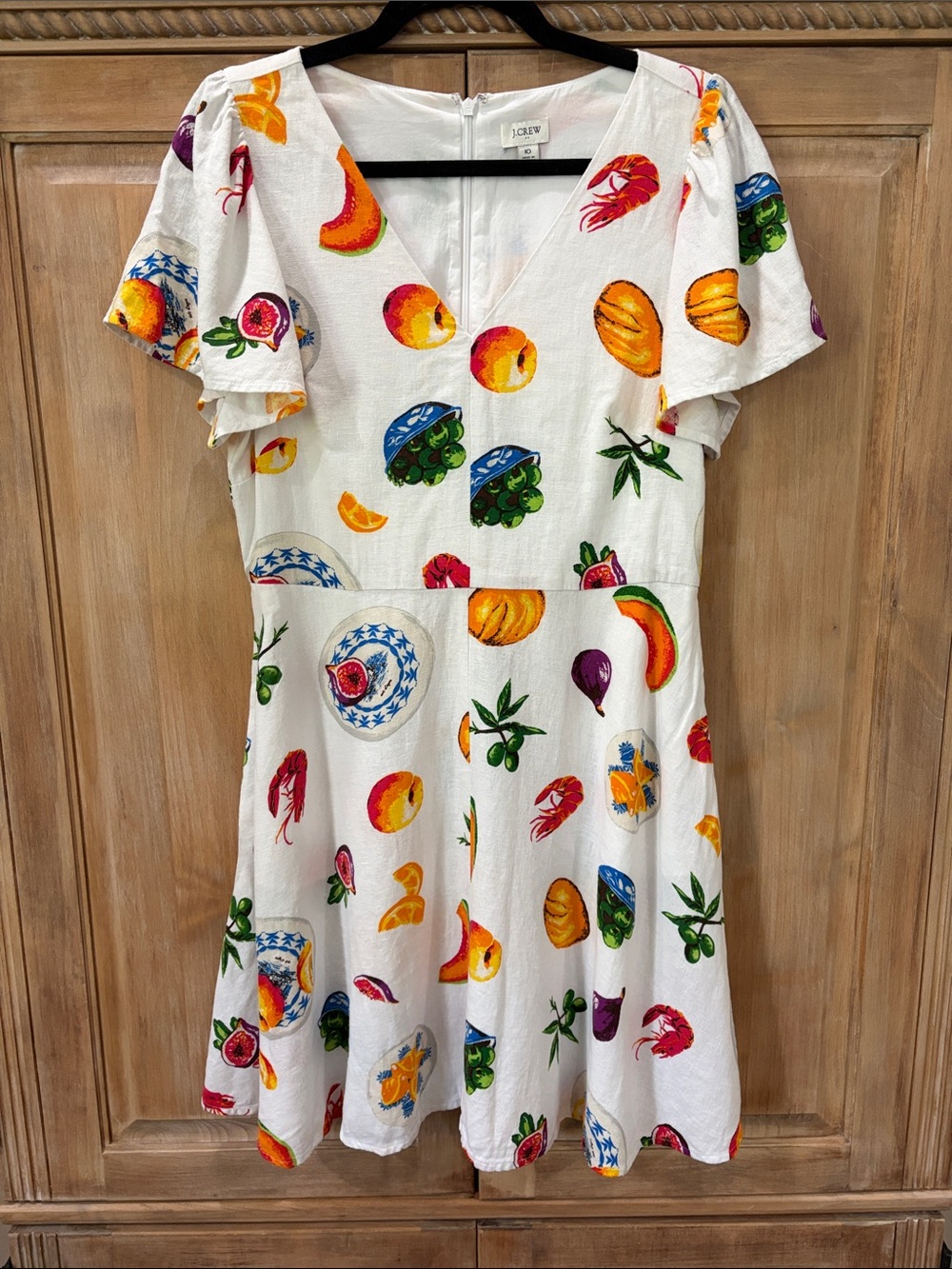 J. Crew White V-Neck Fruit & Seafood Print Flutter Sleeve Dress